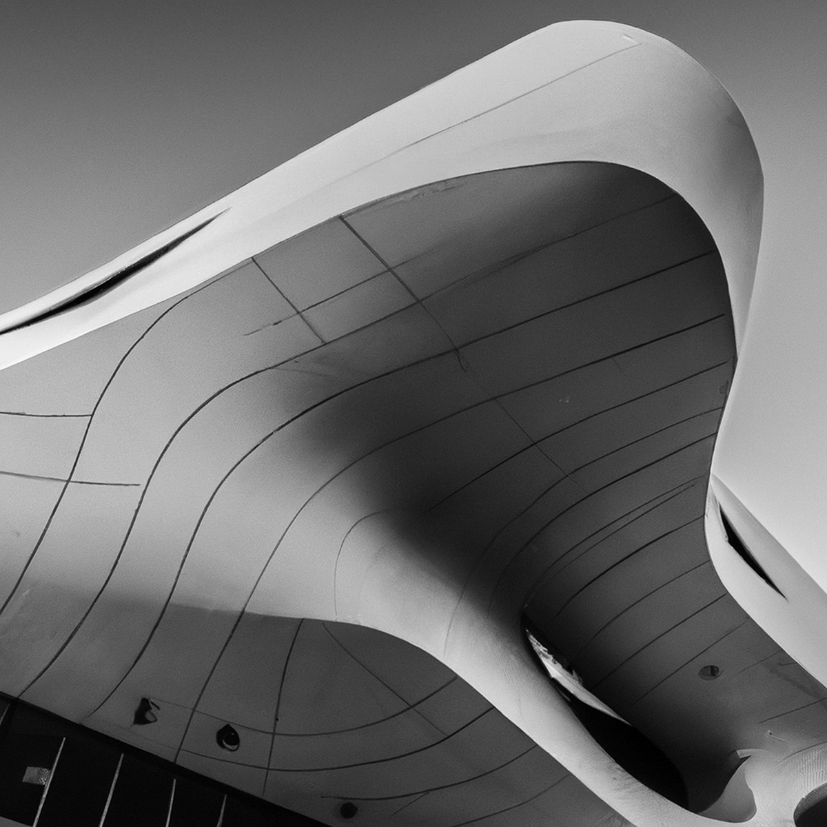 black and white picture of a futuristic building